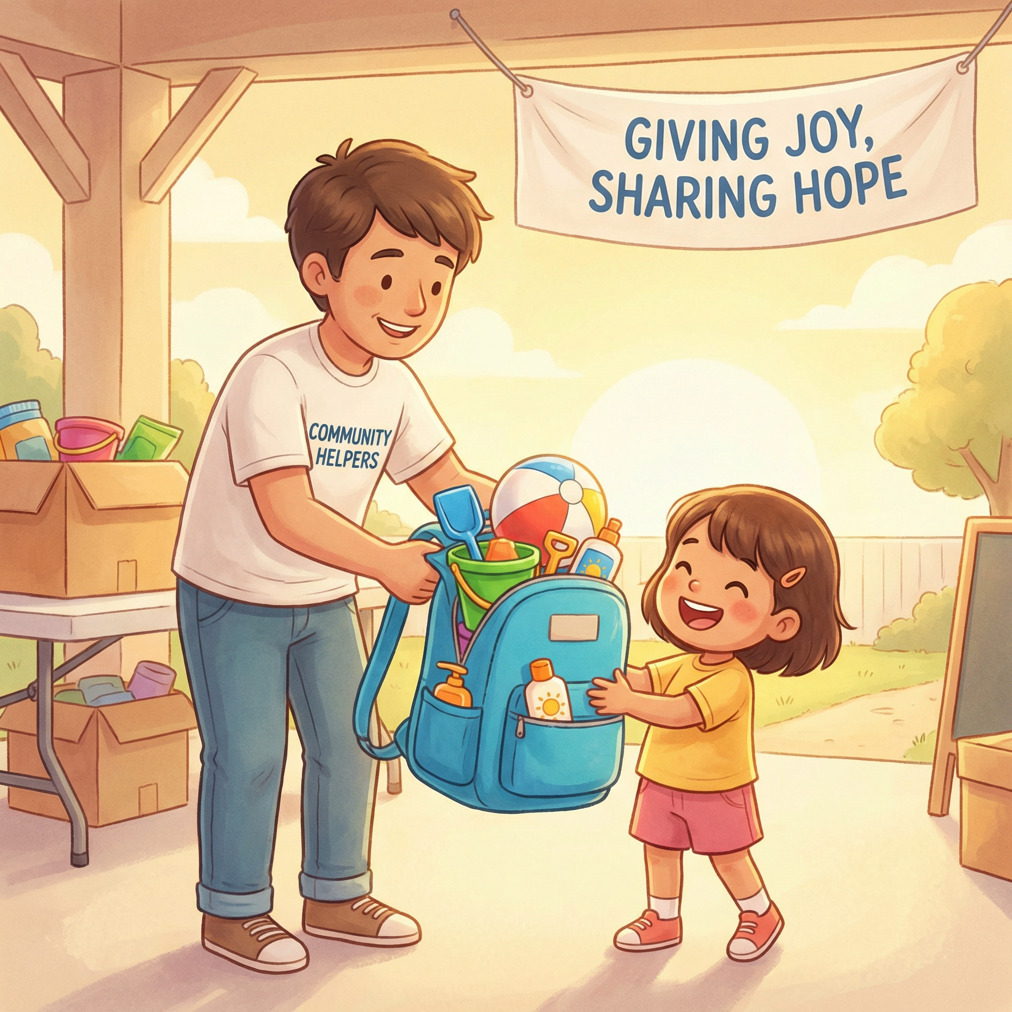 Prostovoljec predaja šolsko torbo otroku