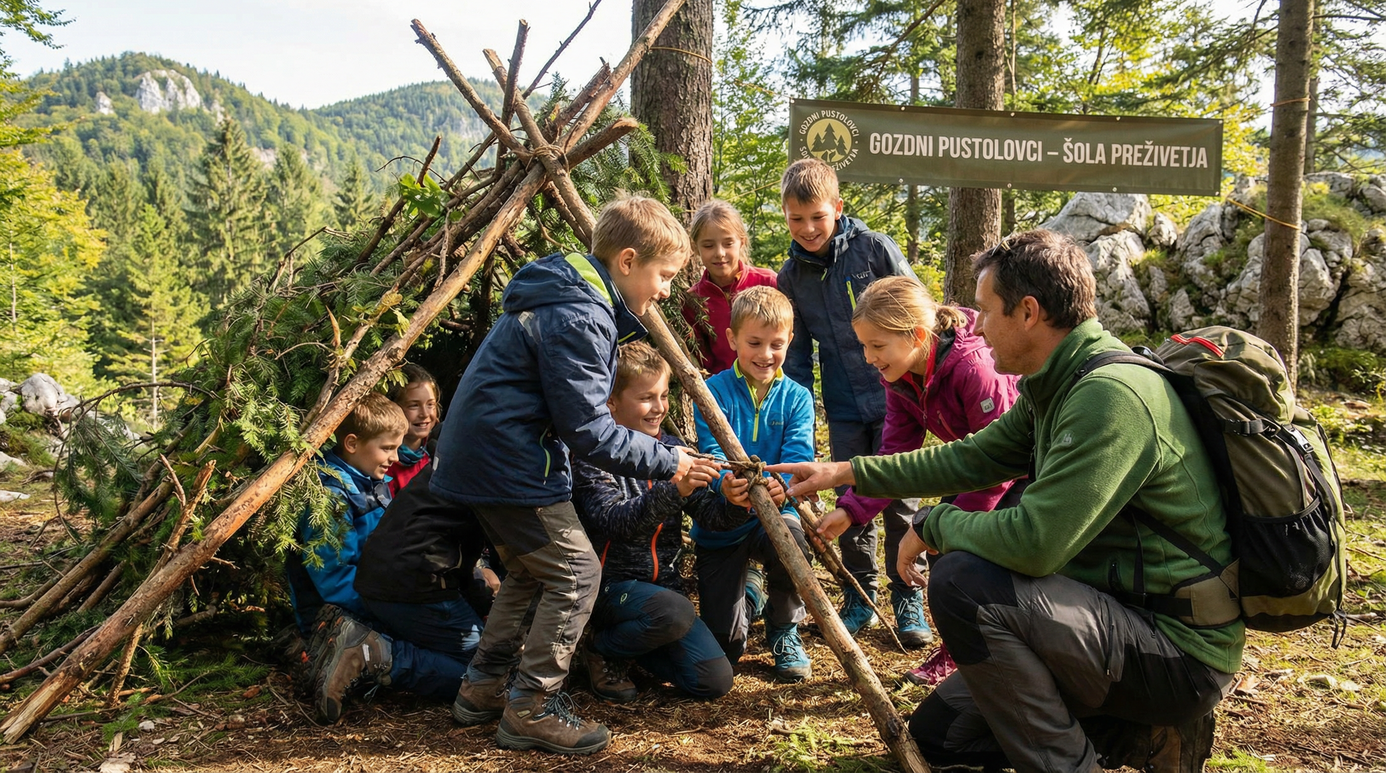 Otroci na izletu preživetja v naravi